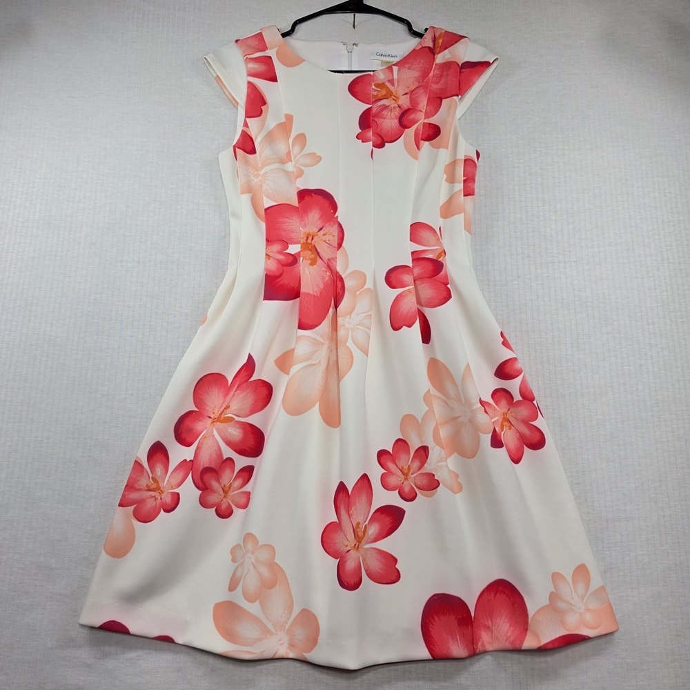 Calvin Klein White Pink Floral Fit & Flare Dress Size 4P Petite Pockets Summer